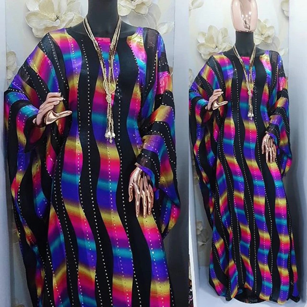 Ženy Móda Afriky Oblečenie 2020 Voľné Party Šaty Batwing Rukáv Farebný Prúžok Dizajn Dámy Vestidos Župan Obrázok  0