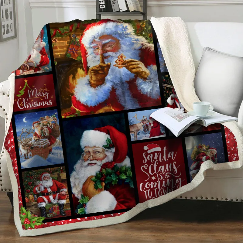 Cartoon Santa Claus 3D Sherpa Prikrývky Hrubé Teplé Mäkké Flanelové Office Nap Deka Vianočné Gauč Domov Beddings vážený deka Obrázok  0
