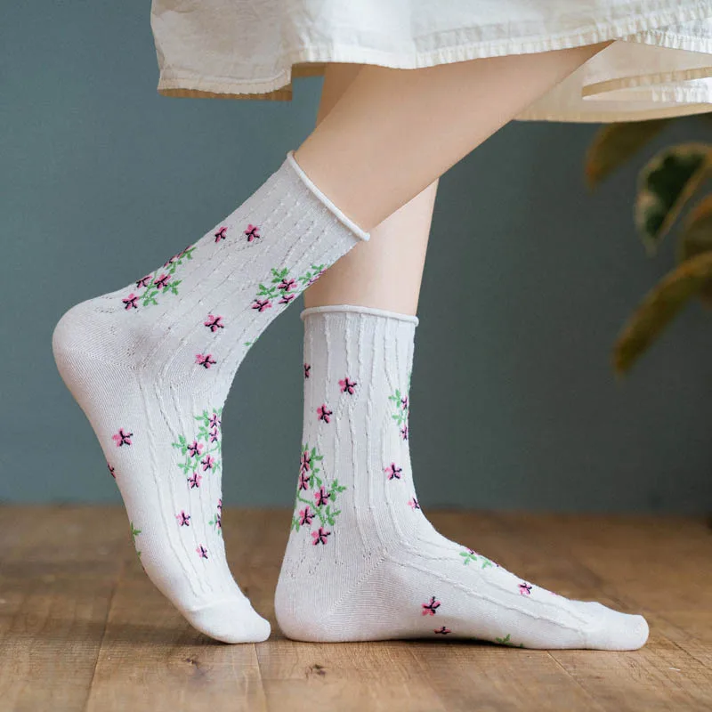 Japonský Kawaii Roztomilý Bavlna Dlhá Ponožka kórejský Módne Novinky 2021 Kvetinový Tlač dámske Ponožky Harajuku Vintage Streetwear Posádky Ponožky Obrázok  1