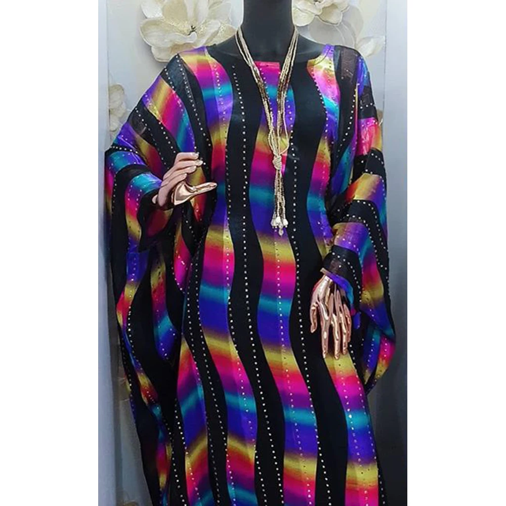 Ženy Móda Afriky Oblečenie 2020 Voľné Party Šaty Batwing Rukáv Farebný Prúžok Dizajn Dámy Vestidos Župan Obrázok  1