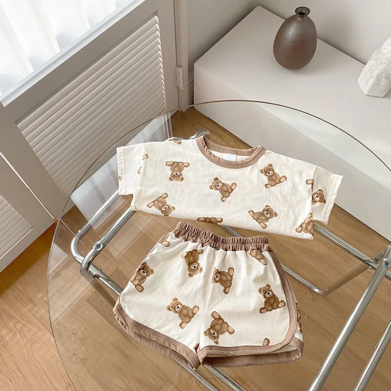2021 Nové Batole Detské Oblečenie Nastaviť Letné Krátke Sleeve T Shirt Topy + Šortky 2ks Roztomilý Medveď Tlač Chlapci Oblečenie Baby Dievča Oblečenie Obrázok  1