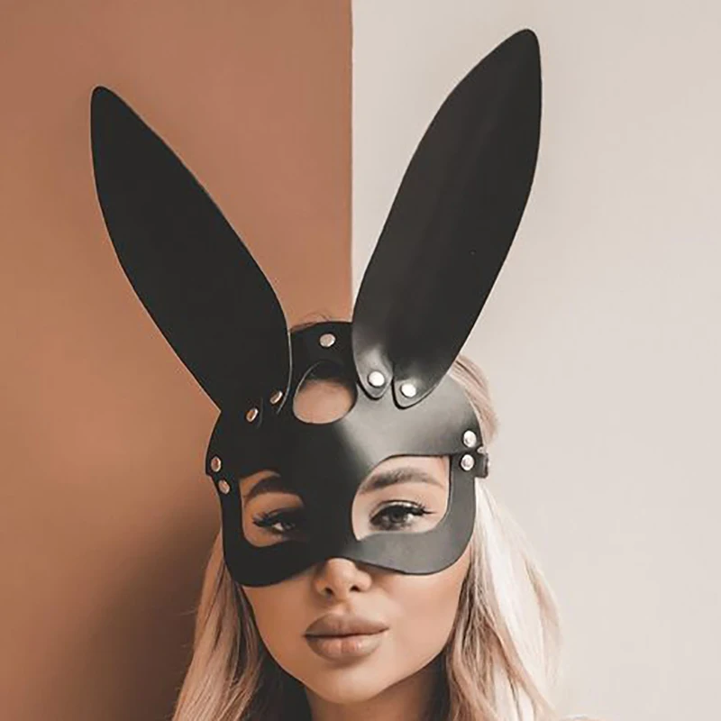 Sexy Ženy Faux Kožené Bunny Maska Ručne Vyrábané Kožené Čierne Masky Bdsm Príslušenstvo Kostým Party Halloween Masky Opakovane Obrázok  1
