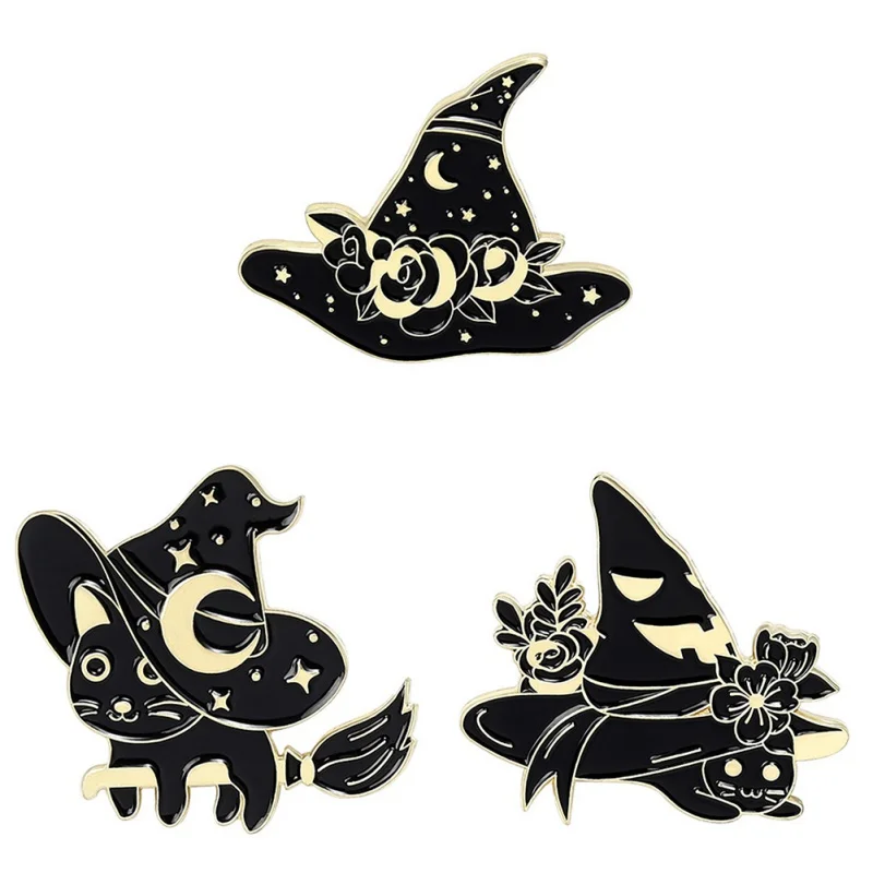 3ks Západnom Štýle Halloweenu Black Magic Cat Čarodejnice Klobúk Punk Kvet Klobúk Brošňa Non Vyblednutiu Tvorivé Pin Obrázok  1