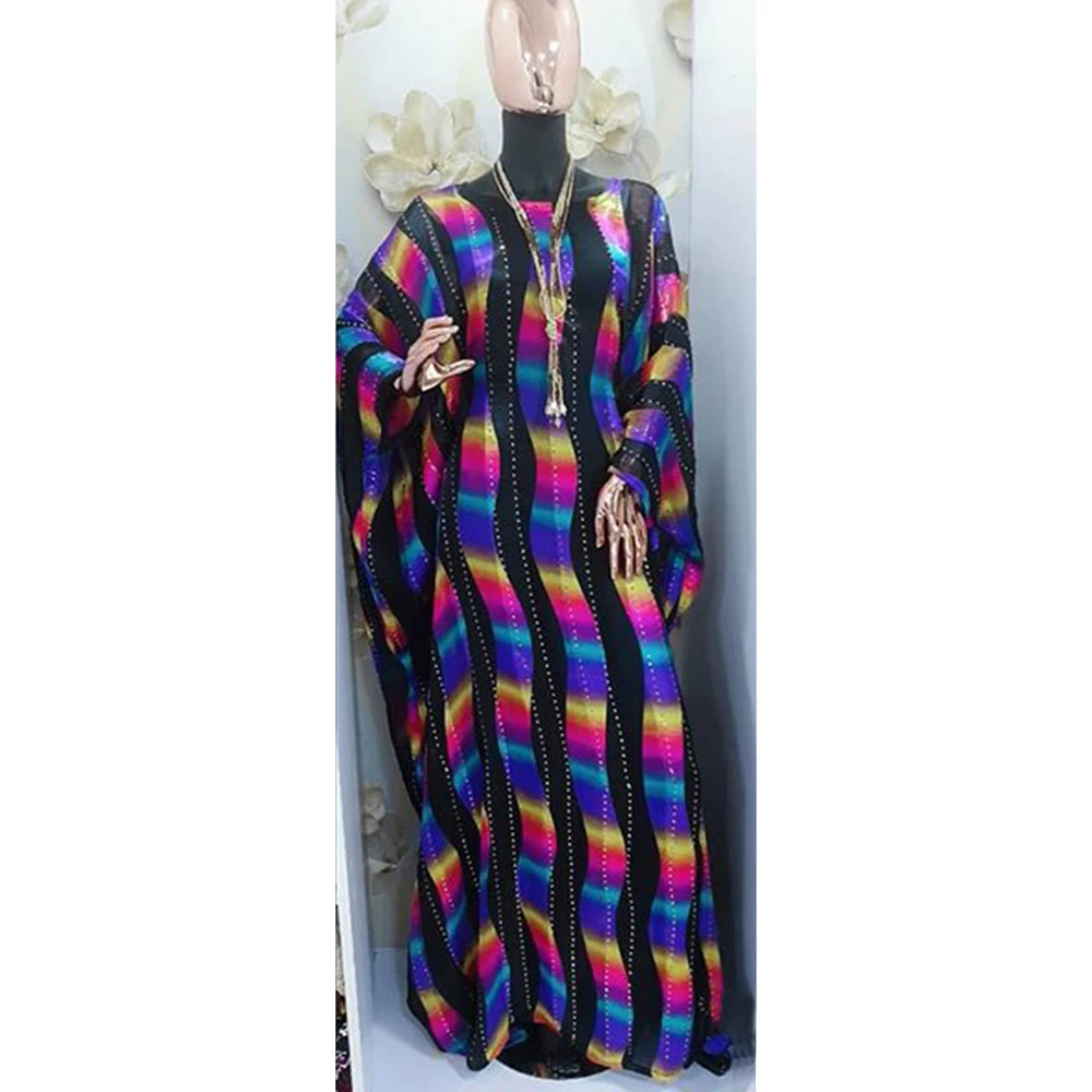 Ženy Móda Afriky Oblečenie 2020 Voľné Party Šaty Batwing Rukáv Farebný Prúžok Dizajn Dámy Vestidos Župan Obrázok  2