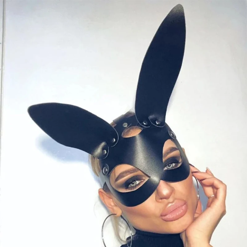 Sexy Ženy Faux Kožené Bunny Maska Ručne Vyrábané Kožené Čierne Masky Bdsm Príslušenstvo Kostým Party Halloween Masky Opakovane Obrázok  3