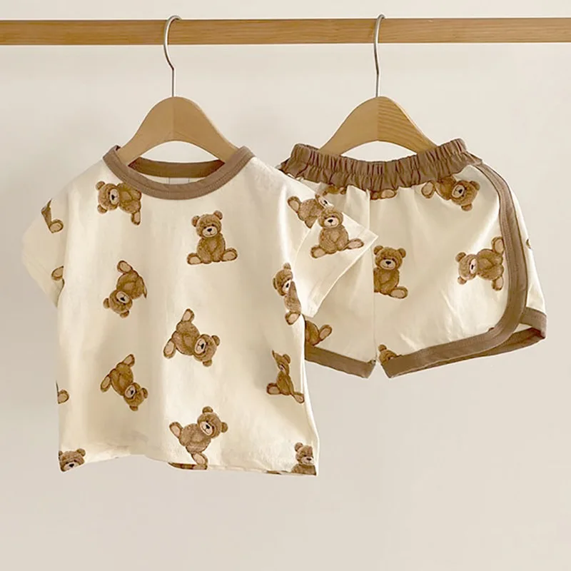 2021 Nové Batole Detské Oblečenie Nastaviť Letné Krátke Sleeve T Shirt Topy + Šortky 2ks Roztomilý Medveď Tlač Chlapci Oblečenie Baby Dievča Oblečenie Obrázok  4