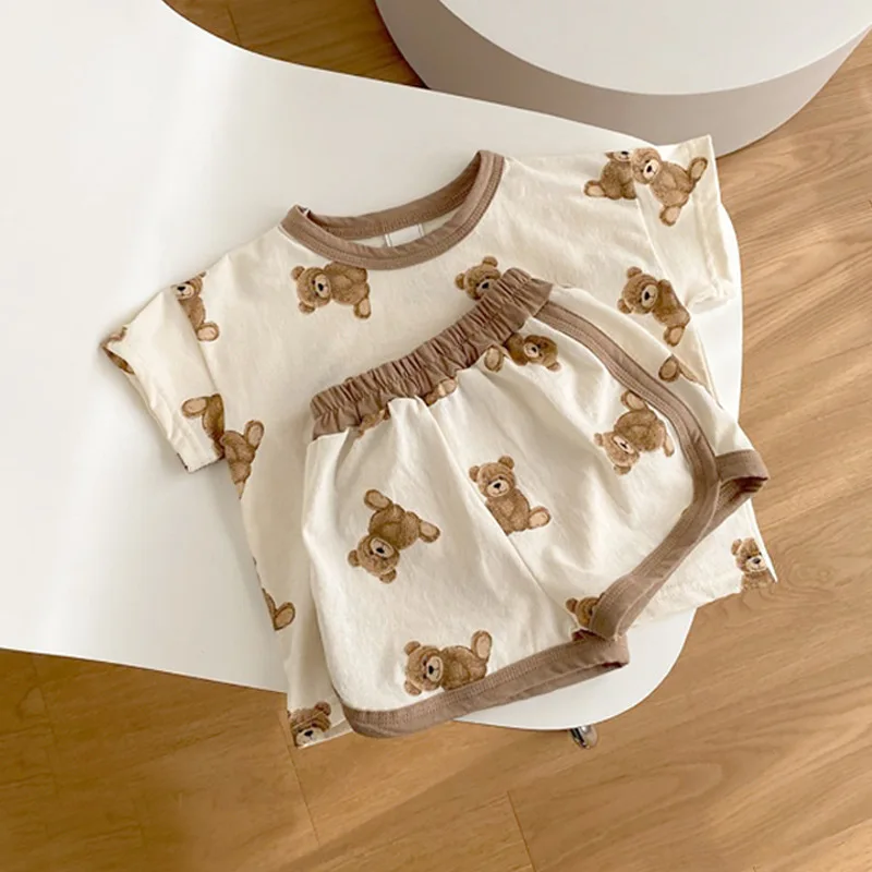 2021 Nové Batole Detské Oblečenie Nastaviť Letné Krátke Sleeve T Shirt Topy + Šortky 2ks Roztomilý Medveď Tlač Chlapci Oblečenie Baby Dievča Oblečenie Obrázok  5