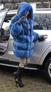 Fengguilai Módne Luxusné falošné Kožušinový Kabát Ženy 80 CM Dlhé Prírodné Fox Kožušiny Bunda S Veľkým Kožušiny Hood Celý Rukáv Zimné Hustú Srsť
