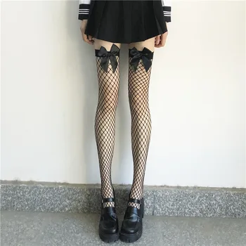 Gotický Lúk Nad Kolená Ponožky Ženy Japonský Lolita Black Bow Sieťované Pančuchy Harajuku Kawaii Sexi Stehná Vysoké Pančuchy Ženy
