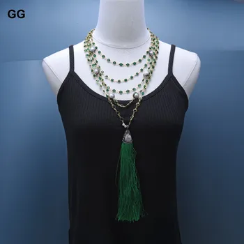 GuaiGuai Šperky 5 Riadkov White Pearl Cz Green Crystal Reťazca Náhrdelník Pearl Strapec Prívesok, Ručne Vyrábané Vintage Strany Štýl Pre Ženy