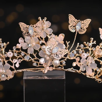 Hot Predaj Bielkovín Crystal Princess Tiaras Korún Motýľ Perly Kráľovná Svadobné Svadobné Doplnky Do Vlasov Pobočiek Doska Smrť