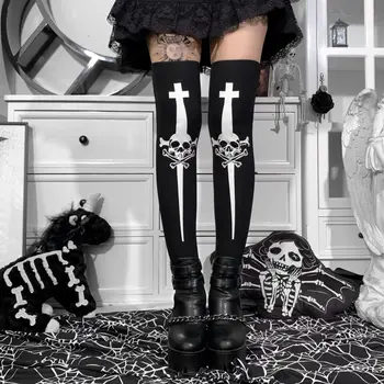 Japonský Emo Lebky Vytlačené Teľa Ponožky Gotický Ženy Čierne Dlhé Ponožky Grunge, Punk Streetwear Harajuku Halloween Stehna Vysoké Ponožky