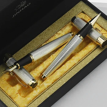 Jinhao 1200 Klasické Plniace Pero & Roller guličkové Pero, Krásne Zvlnenie s Drakom Klip, Strieborné Kovové Rezbárstvo S Darček Box Set