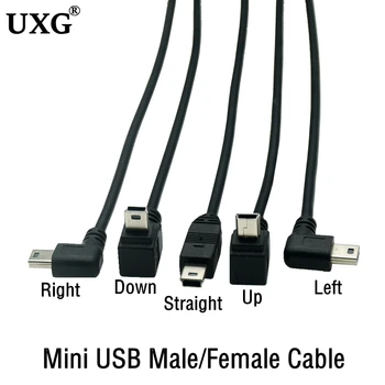 Kábel Mini USB 5Pin Male konektorom Pre Jack Samica Predlžovací Adaptér Údaje Viesť Kábel Doprava Doľava Hore Dole Uhol 90 Stupňov, Kábel 1,5 m 25 cm