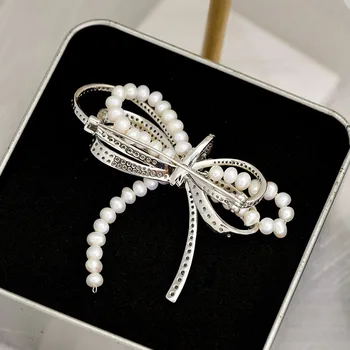 Kórejský Elegantné Bowknot Brošňa Pin Prírodné Sladkovodné Perly Brošňa pre Ženy, Intarzované Zirkón Sako Sveter Kolíky Žena Darček