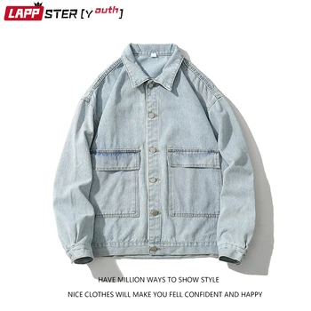 LAPPSTER-Mladých Mužov, Zimné Japonské Streetwear Jean Bunda 2021 Mens Vintage Pevné Vrecká Denim Jacket Muž Nadrozmerné Windbreaker