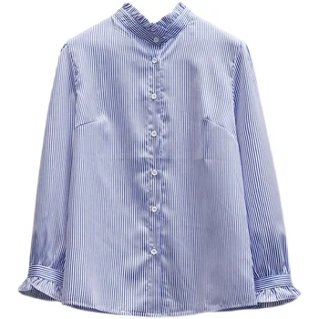 Modré Pruhované Dlho Puzdre Plus Veľkosť kórejský Jeseň Elegantný Módy Blúzky A Topy dámske Nadrozmerná Tričko Oblečenie 2021 Žena