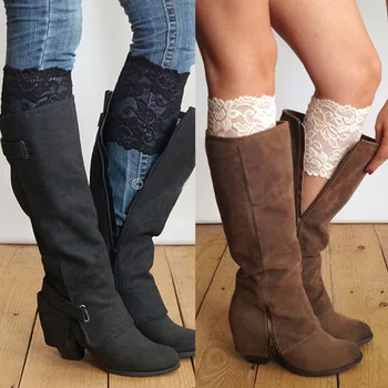 Móda Ženy Stretch Čipky Boot Putá Kvet Leg Warmers Čipkou Trim Mulčovače Ponožky