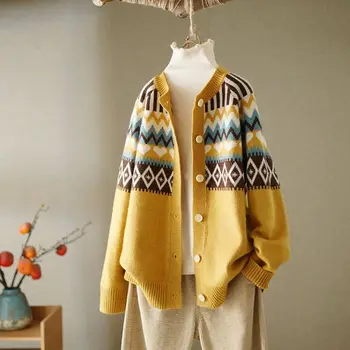 Retro kolo krku sveter ženy 2021 jar a na jeseň nové voľné etnických sveter cardigan bežné bunda