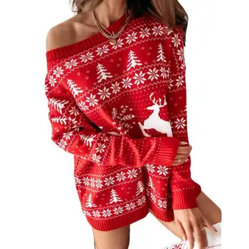 Vianočné Ženy Slim Sukne Okolo Krku Koleno Rukáv Snowflake Červená WhiteKnitted Oblečenie, Vianočné Okres Pul Sveter Šaty