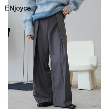 Vintage Prikryť Oblek Nohavice Ženy Skladaný Design, Vysoký Pás Nohavice Kórejský Módne Office Dámy Voľné Širokú Nohu, Rovné Nohavice