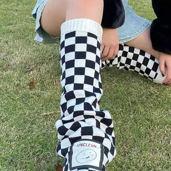 Čierne Biele Kockované Lady Gotický Svetlice Leg Warmer Y2k Dievča Skontrolujte Kontrast Farieb Teľa-dĺžka Goth Nohy Kryt kórejskej Ulici Dlhá Ponožka
