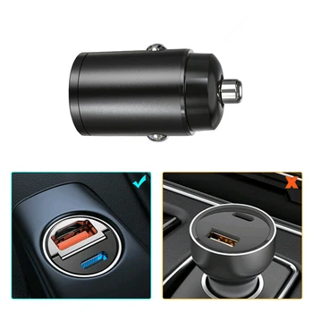 Čierne Mini Kovové 30W Duálne Porty Auto Rýchlo Nabíjačka QC3.0 USB-C Rýchle Nabíjanie Adaptér Auto Príslušenstvo