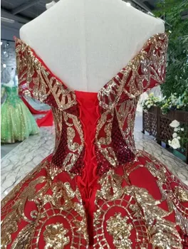 2019 Luxusné Dĺžka Podlahy Kráľovná Šaty Červené Saténové Plesové Šaty, Zlaté Sequin Čipky Party Šaty Reálne Vzorky Quinceanera Šaty