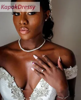 2020 Glamorous Fashion Afriky Kaskádové Volánikmi Morská víla Svadobné Šaty ramena korálkové tylu čipky Svadobné Šaty