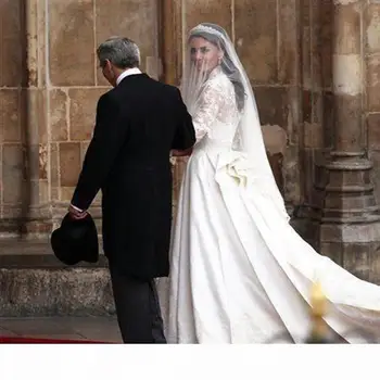 Biele Čiary Svadobné Šaty V Krku Úplnej Dlhý Rukáv Appliqued Čipky Kate Middleton Tlačidlá Späť Royal Svadobné Šaty Saténové