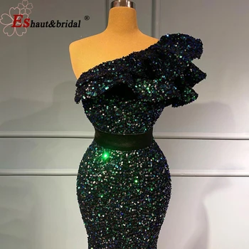 Elegantné Jedného Pleca Morská víla Večerné Šaty pre Ženy 2021 Sequin Velvet Dlho Formálne Svadobný Hosť Noc Party Šaty