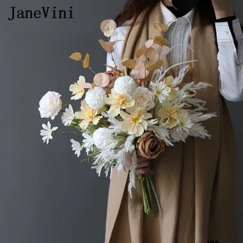 JaneVini 2021 Umelé Vintage Svadobné Champagne Rose Kytice Skúmie Kvety Jeseň Nevesta Falošné Kytice, Svadobných Doplnkov
