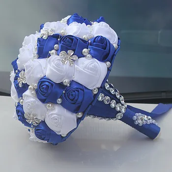 JaneVini Kráľovská Modrá a Biela Crystal Svadobné Kytice Diamond Luxusné Korálkové Nevesta Kvety Saténová Stuha Rose Svadobné Kytice 2020
