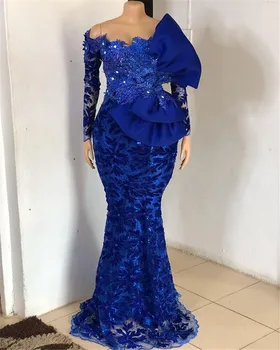 Kráľovská Modrá Afriky Večerné Šaty S Čipkou Korálkové Ramena Morská Víla Svadobné Party Šaty S Čipkou Svadobné Šaty S Dlhými Rukávmi