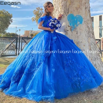 Kráľovská Modrá Quinceanera Šaty 2022 Mimo Ramenný Korálky Kvety Princess Party Oblečenie Sweet 16 Plesové Šaty, Vestidos De 15 Años