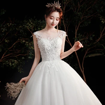 Pôvodné Lacné 2021 Nový Kórejský Štýl Čipky, Výšivky Perly Plus Veľkosť Svadobné Šaty Nevesty Šaty O Krk Elegantné Vestido De Noiva