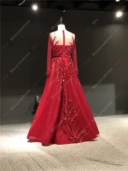 Reálny Obraz Luxusné Červené Korálky Celý Rukáv A-line Dĺžka Podlahy Prom Party Formálne Ženy Tanečné Šaty Svadobné Večerné Šaty