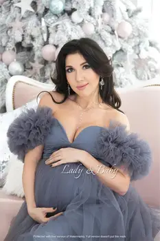 Romantický Tehotenstva Fotenie Šaty Babyshower Ramena Sivá Materskej Šaty pre Fotografovanie Volánikmi Ženy Šaty