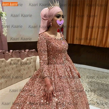 Sexy Ružové Svadobné Šaty 2020 Dubaj Sequin Iskru, Plesové Šaty, Arabčina Dlhý Rukáv Svadobné Šaty Čipky Zákazku Župan De Mariee