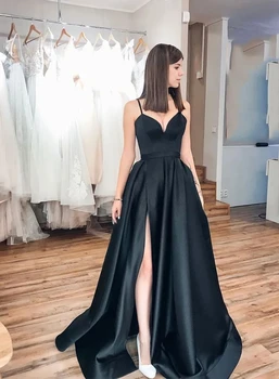 Weiyin Elegantné Čierne Dlhé Formálne Večerné Šaty Dlhé Vestidos De Fiesta A-Line Sexy Vysokej Štrbinou Satin Jednoduché Prom Party Šaty