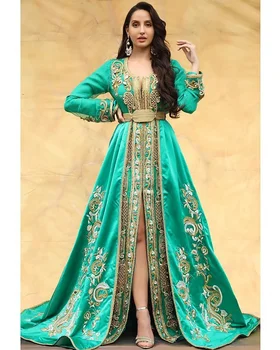 Zelená Marocký Kaftane Večerné Šaty Luxusné Appliques Dlhý Rukáv Prom Šaty Moslimských Svadobné Party Šaty EV164
