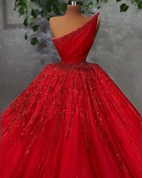 Červená Luxusné Opuchnuté Večerné Šaty Bez Rukávov Lištovanie Flitrami Lesklé Volánikmi Dlhý Vlak Tylu Plesové Šaty, Ženy, Svadobné Party Šaty
